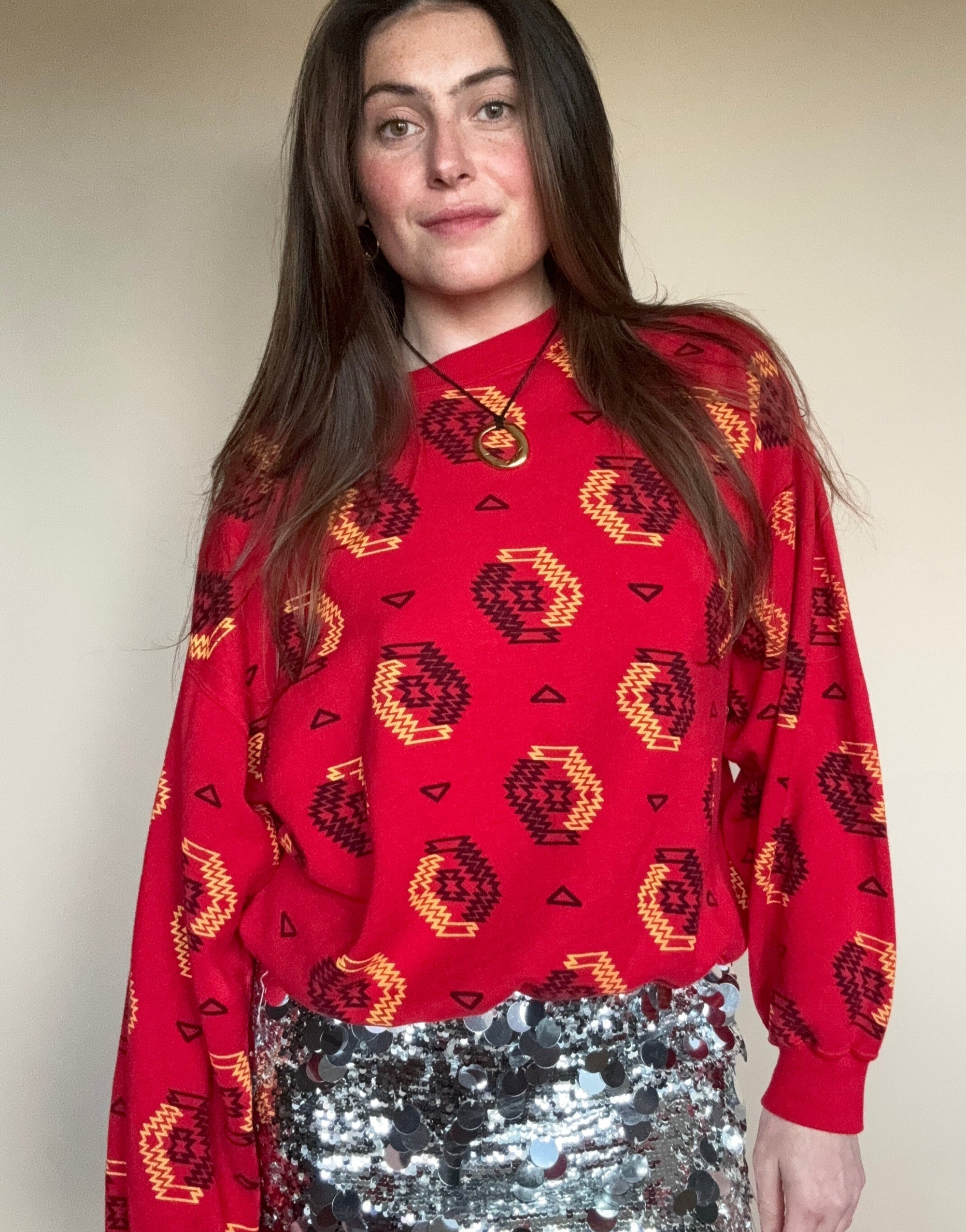 1970S MIXTURES CHERRY RED PATTERN PULLOVER